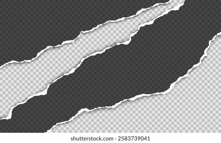 Vector horizontal torn paper edge. Ripped paper strip with soft shadow.