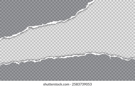 Vector horizontal torn paper edge. Ripped paper strip with soft shadow.