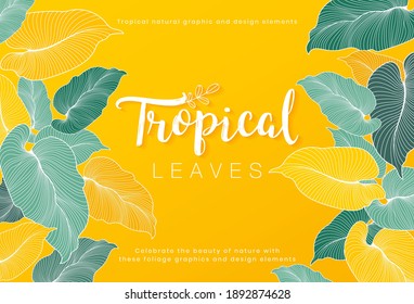 Pancartas horizontales de hojas tropicales vectoriales sobre fondo amarillo. 
Diseño botánico exótico para cosméticos, spa, perfume, productos sanitarios, pancarta, afiche