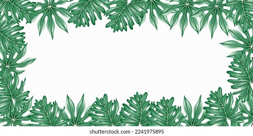 Vector horizontal tropical leaves banners on white background with copy space . Exotic botanical design for cosmetics, spa, perfume, health care products, aroma, wedding invitation.