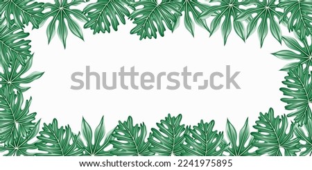 Vector horizontal tropical leaves banners on white background with copy space . Exotic botanical design for cosmetics, spa, perfume, health care products, aroma, wedding invitation.