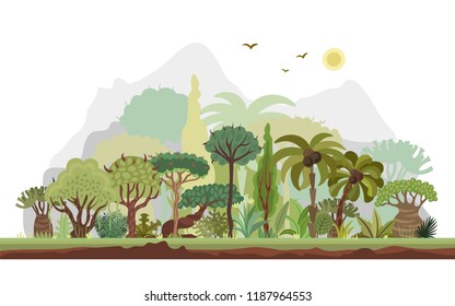 Vector horizontal tropical rainforest illustration. Jungle flat design. Forest landscape With Mountains on Background, vector design. Resort Tropical Summer Vacation Flat Illustration with trees