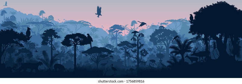 Vector horizontal tropical rainforest Jungle background with animals