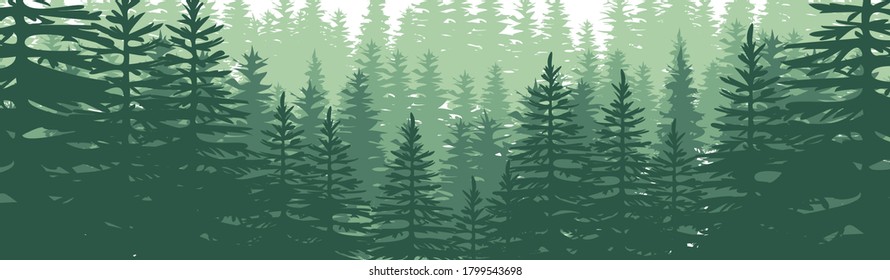 Vector de fondo de selva tropical horizontal de selva tropical Jungla. ilustración de pinos altos en árboles de abetos. 
