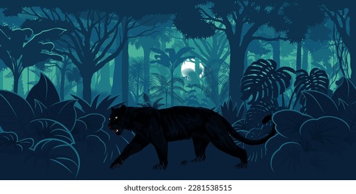 Vector horizontal tropical rainforest Jungle background with black panther