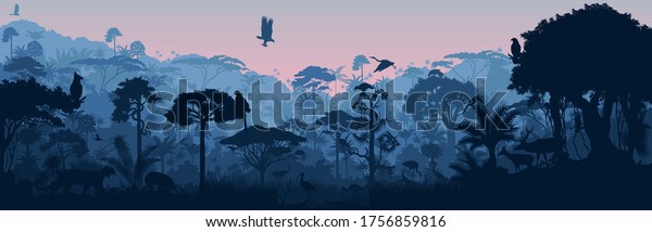 Vector horizontal tropical rainforest Jungle background with animals