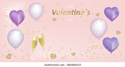 Vector de pancarta horizontal del día de San Valentín, carta con corazones, globos y lentes de aferrarse con champán en fondo rosado.Elementos aislantes para el diseño de bodas.Espacio vacío para texto
