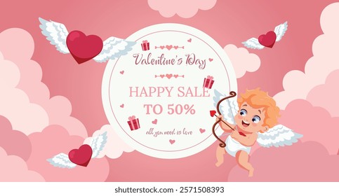 Vector horizontal Valentine's day Happy sale to 50%. Love day discount. Romantic sale up. Sale banner template with Cute funny little Cupid. Love and Valentine's day concept.