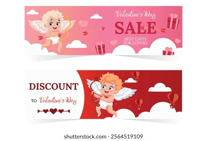 Vector  horizontal Valentine's day sale card set. Love day discount. Romantic sale up. Sale banner template. Love and Valentine's day concept. Valentine's day invitation card.