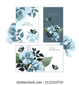 Vector horizontal and vertical floral banners with blue flowers and butterflies on white and dark backgrounds. Layouts decorated with floral elements. Design for wedding and greeting cards.