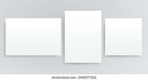 Vector horizontal and vertical format paper, rectangle and square sheets. Empty sheet of paper template portrait orientation. Three sheet, poster, banner, background, blank, frame, mockup