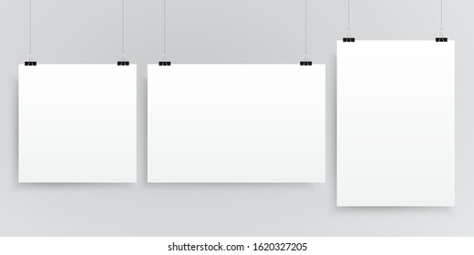 Vector horizontal and vertical rectangle format paper A4 and square sheets on grey background. Empty sheet of paper template portrait orientation. Three sheet, poster, banner, background, blank, frame