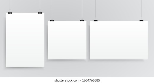 Vector horizontal and vertical rectangle format paper A4 and square sheets on grey background. Empty sheet of paper template portrait orientation. Three sheet, poster, banner, background, blank, frame