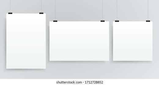 Vector horizontal and vertical rectangle format paper A4 and square sheets on grey background. Empty sheet of paper template portrait orientation. Three sheet, poster, banner, background, blank, frame
