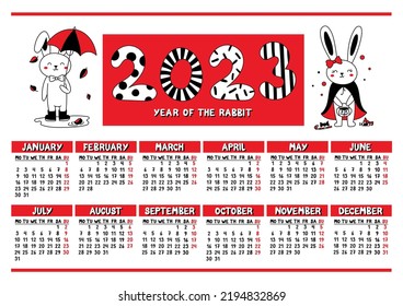 Vector horizontal wall calendar for 2023. Children's bright contrasting calendar with rabbits in black and red colors.