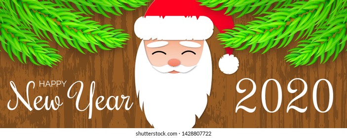 Vector horizontal web banner with 3d placticine fir tree branches. Santa Claus face. White text Happy New Year 2020. Wooden background. Christmas greeting poster. 