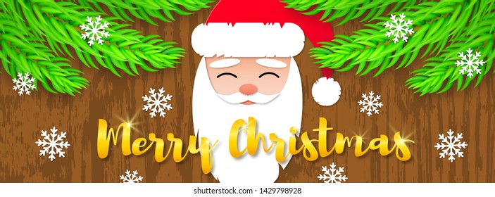 Vector horizontal web banner with 3d fir tree branches with snowflake. Santa Claus face. Gold text Merry Christmas. Wooden background. Christmas greeting poster. 