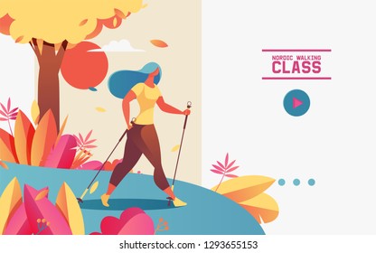 Vector horizontal web banner or landing page with young woman doing nordic walking. Illustration drawn with gradients, greenery and outdoor scene, template with text for healthy lifestyle and wellness