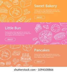 Vector horizontal web banner templates with hand drawn doodle bakery elements