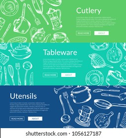 Vector horizontal web banners illustration with hand drawn kitchen utensils
