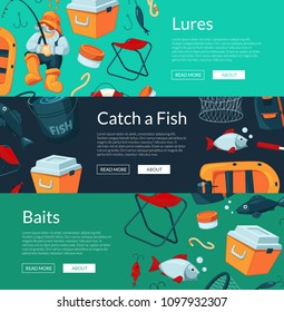 Vector horizontal web banners illustration with cartoon fishing equipment
