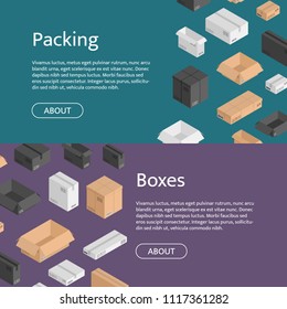 Vector horizontal web banners with isometric boxes of different color. Black, white, beige mail shipping box flyer templates for logistics service. Logistics shipping delivery packages illustration