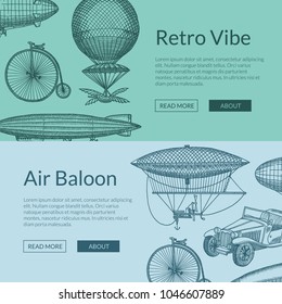 Vector horizontal web banners or poster illustration with steampunk hand drawn airships, bicycles and cars