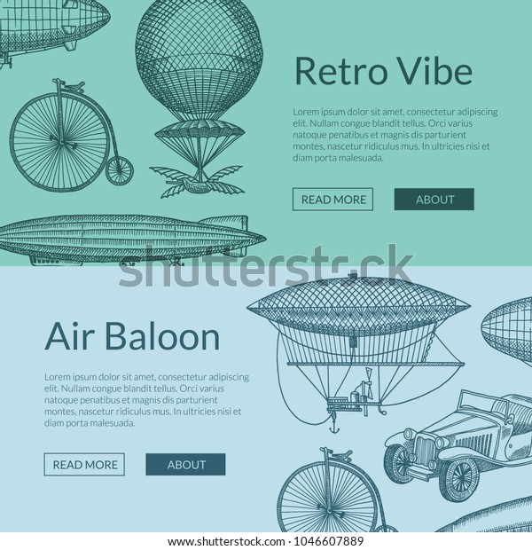 Vector horizontal web\
banners or poster illustration with steampunk hand drawn airships,\
bicycles and cars