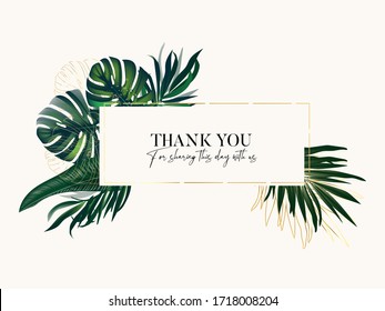 Vector horizontal wedding invitation card set with greenery tropical leaves and gold glitters. Save the date , RSVP botany design for luxury wedding ceremony. 