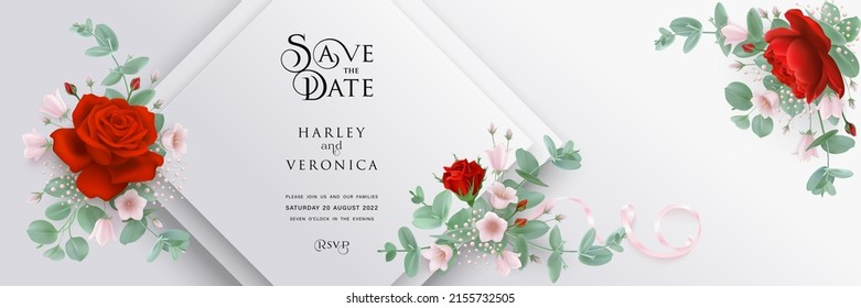Tarjeta de invitación a la boda horizontal vectorial con rosas rojas, hojas de eucalipto y flores de timbre. Guarda la fecha y R.S.V.P. diseño botánico para ceremonia de boda