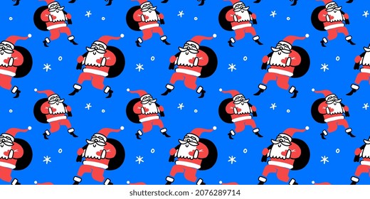 Vector horizontal winter illustration with Santa Claus character with gift bag on blue background with snowflake. Flat line art style Christmas seamless pattern design with Santa Claus for banner