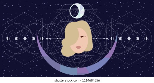 vector horizontal of woman face with cosmic and zodiac mystic symbols in blue color  for moon goddess 