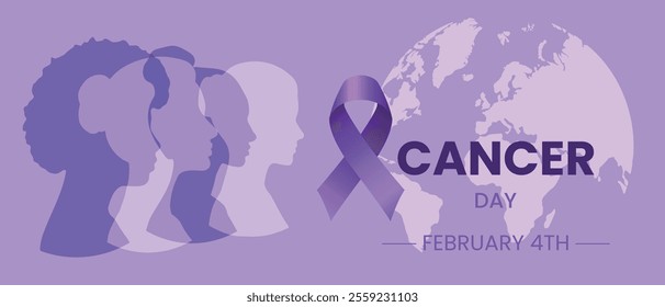 Vector horizontal world Cancer Day banner with purple ribbon, world silhouette map and silhouettes of women of different nationalities standing side by side. Cancer prevention poster