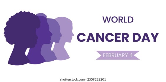 Vector horizontal world Cancer Day banner with purple female silhouette. Cancer Awareness Day is celebrated annually on February 4. Cancer prevention poster with silhouette of woman side view