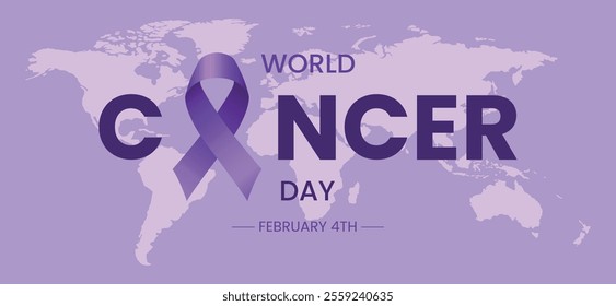 Vector horizontal world Cancer Day banner with purple ribbon and world silhouette map. Cancer Awareness Day is celebrated annually on February 4. Cancer prevention poster