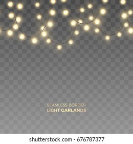 Vector horizontally seamless border of realistic short light garlands. Holiday decoration with shiny Christmas lights. Glowing yellow bulbs isolated on the transparent background