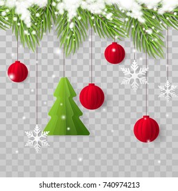 Vector horizontally seamless border with realistic Christmas tree branches, snow, paper fir tree, red xmas toys and snowflakes. Holiday decoration isolated from the transparent background.
