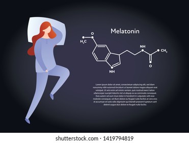 Vector hormones flat character banner template. Melatonin structure and sleeping woman on dark background. Place holder for text. Scientific modern concept. Design for education, presentation.