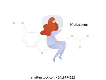 Vector hormones flat character banner template. Melatonin structure with sleeping woman on white. Hormone assosiated with sleep disorder. Scientific modern concept. Design for education, presentation.