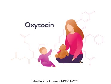 Vector hormones flat character banner template. Oxytocin structure with trendy style female plaing with baby on white. Hormone assosiated with bonding, care, love. Design for education, presentation.