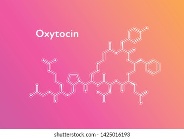 Vektorillustration Hormone Farbverlauf-Banner-Vorlage. Oxytocin-Struktur auf rosafarbenem bis orangefarbenem Hintergrund. Hormon verbunden mit Bindungen, Sucht, Schmerzen, Angst. Design für Wissenschaft, Bildung, Präsentation.