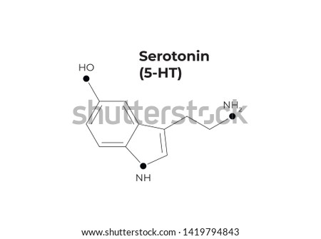 Vector hormones minimalistic banner template. Seratonin (5-HT) structure black isolated on white background.. Hormone of happines feeling, depression. Design for science, education, presentation.