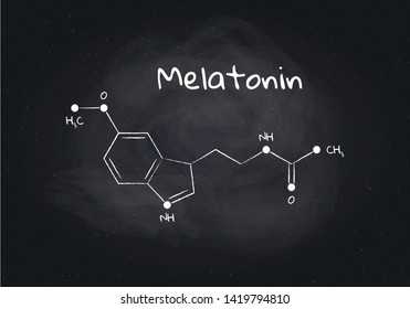 Vector hormones study banner template. Chalk drawn melatonin structure on black board background. Hormone assosiated with sleep disorder. Scientific modern concept. Design for education, presentation.