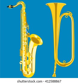 vector horn and saxophone on a blue background
