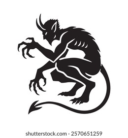 Vector horned devil demon lucifer monster silhouette. Black mysterious sitting evil figure with curved horns. Mythical fantasy being. Isolated diabolic creative black devil design on white background