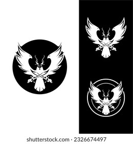 vector horned eagle holding sword logo.