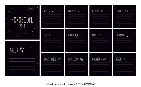 Vector horoscope 2019. Template with place for predictions text. Signs of Zodiac, constellations, stars. Unique hand drawn design for banners or dairy.