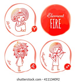 Vector horoscope drawn by hand. Set of 3 zodiac signs of elements of fire: Aries, Leo and Sagittarius. Little girls drawn with a red outline. Imitation of watercolor.