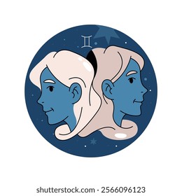 Vector horoscope gemini sign. Space zodiac twins in cosmos. Constellation calendar poster. Astronomy and astrology tarot card. Cosmos and celestial symbol. Mystery and galaxy tattoo or print. Calendar