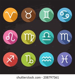 Vector horoscope icons set, white zodiac signs on colorful circles in flat design style with shadows